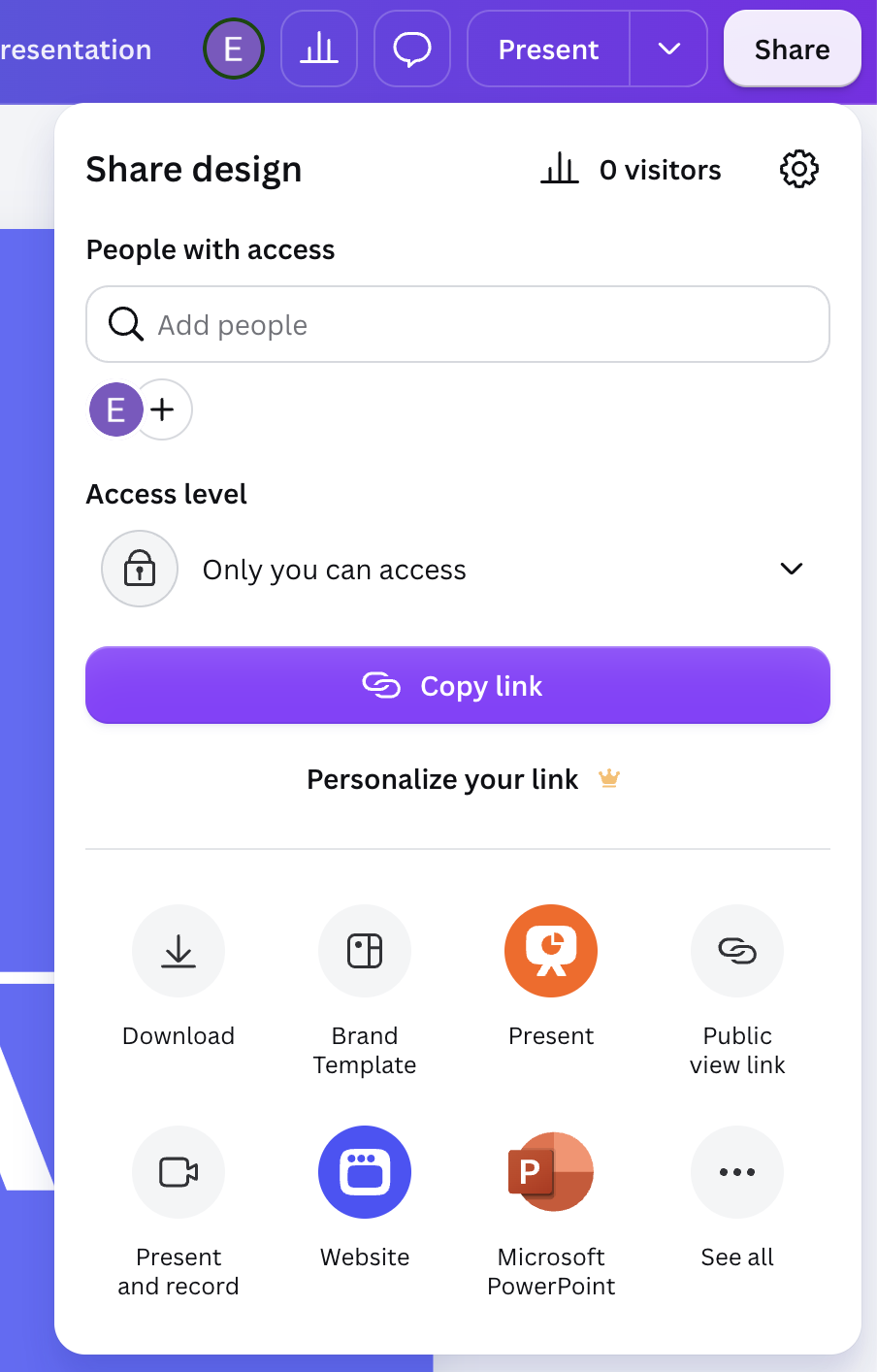 Sharing design options with access settings and link customization features displayed.